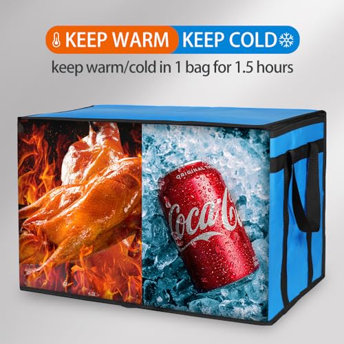 Bodaon Insulated Food Delivery Bag for Hot and Cold Meal, XXX-Large, Grocery Tote Insulation Bag for Catering, Pizza Warmer, Blue, 1-Pack
