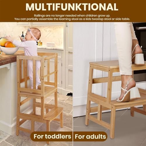 COSYLAND Kids Kitchen Step Stool，Toddler Standing Tower with CPC Certification, Removable Anti-Drop Railing Safety Rail Enjoys Unique Patented Design A Anti-tip Structure More Stable, Natural Bamboo
