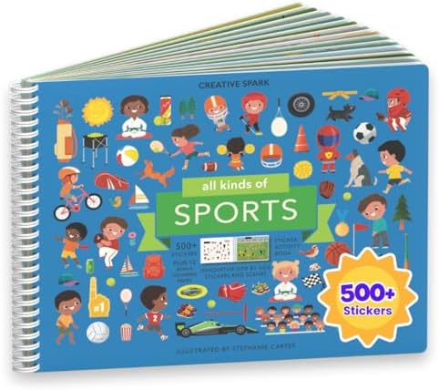 CUPKIN Sticker Book for Kids 2-4, 500+ Kids Stickers, All Kinds of Sports 12 Coloring Pages 12 Side by Side Scenes Fun Toddler Travel Activity Coloring and Sticker Books for Ages 4-8 + 8-10