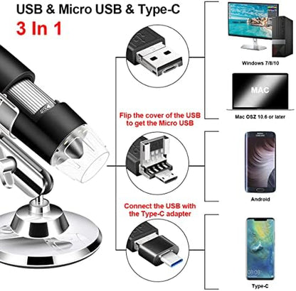 Digital USB Microscope Camera, 40X to 1000X, with Metal Stand & Carrying Case, Compatible with Android, Windows, Linux, Mac, Portable for Kids, Students, Adults