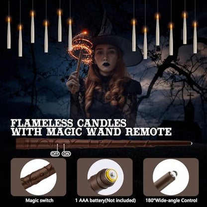 Floating Candles with Wand Remote, 20 Pcs Magic Halloween Hanging Candles, Flickering Warmer Light Flameless LED Candles with DIY Sticker, Battery Operated Halloween Decorations Gifts Indoor (20)