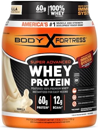 Body Fortress Super Advanced Whey Protein Powder, Vanilla, Immune Support (1), Vitamins C & D Plus Zinc, 1.74 lbs