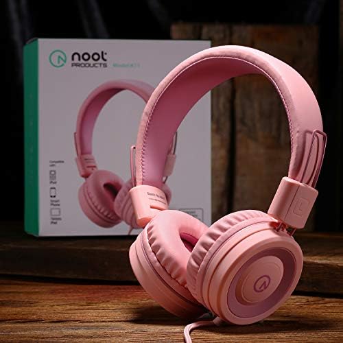noot products Kids Headphones K11 Foldable Stereo Tangle-Free 5ft Long Cord 3.5mm Jack Plug in Wired On-Ear Headset for iPad/Girls/Boys/School/Laptop/Travel/Plane/Tablet-Soft Pink