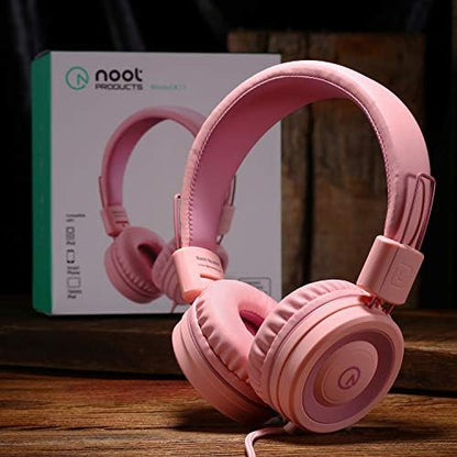 noot products Kids Headphones K11 Foldable Stereo Tangle-Free 5ft Long Cord 3.5mm Jack Plug in Wired On-Ear Headset for iPad/Girls/Boys/School/Laptop/Travel/Plane/Tablet-Soft Pink