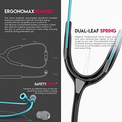 MDF Instruments Engravable - Acoustica Lightweight Custom Stethoscope for Doctors, Nurses, Students, Home Health Use, Adult, Dual Head, Black Tube, Aqua Chestpiece-Headset, MDF747XPAQ11-ENGRAVING