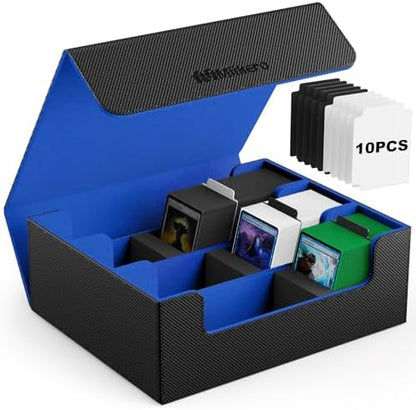 Mlikero Card Deck Case, 1800+ Trading Card Storage Box with 10 Dividers and 3 Foam Stoppers, Leather Magnetic Closure Commander Deck Box Fit for YuGiOh, MTG and Sport Cards(Black&Blue)
