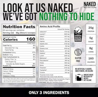 NAKED Whey Protein Supplement Powder, Chocolate, GMO Free, Soy Free, Gluten Free Aid Muscle Growth and Recovery 60 Servings, 5 Ib