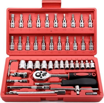 Egofine 46 Pieces 1/4 inch Drive Socket Ratchet Wrench Set, with Bit Socket Set Metric and Extension Bar for Auto Repairing and Household, with Storage Case