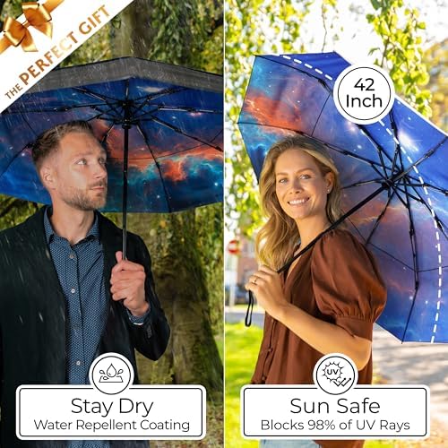 TUMELLA Strongest Windproof Travel Umbrella (Compact, Superior & Beautiful), Small Strong but Light Portable and Automatic Folding Rain Umbrella, Durable Premium Grip, Fits Car & Backpack