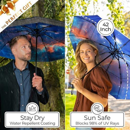 TUMELLA Strongest Windproof Travel Umbrella (Compact, Superior & Beautiful), Small Strong but Light Portable and Automatic Folding Rain Umbrella, Durable Premium Grip, Fits Car & Backpack