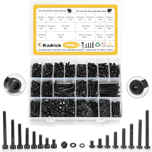 Kadrick Metric Screws Assortment,1400 Pcs M4 Screws Nuts Washers Assortment M4x6MM-40MM, Hex Socket Button & Cap Head M4 Machine Bolts Kit, 12.9 & 10.9 Grade Black Alloy Steel for 3D Printing
