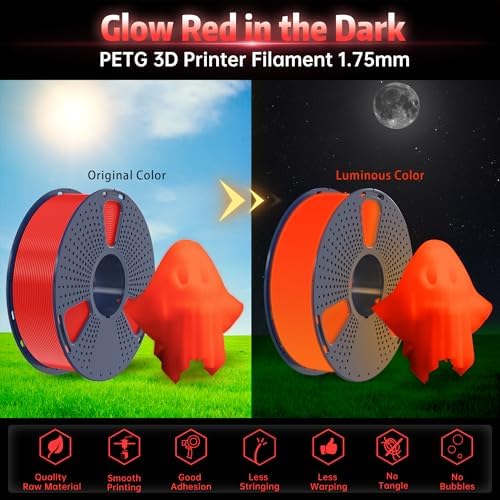 SUNLU PETG Glow in The Dark Filament, Luminous 3D Printer Filament 1.75mm, High Brightness and Long Time Glows PETG Filament, Dimensional Accuracy +/- 0.02mm, 1kg Spool. (Red, Glow Red)