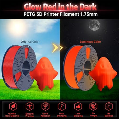SUNLU PETG Glow in The Dark Filament, Luminous 3D Printer Filament 1.75mm, High Brightness and Long Time Glows PETG Filament, Dimensional Accuracy +/- 0.02mm, 1kg Spool. (Red, Glow Red)