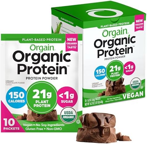 Orgain Organic Vegan Protein Powder, Creamy Chocolate Fudge - 21g Plant Protein, 6g Prebiotic Fiber, Low Carb, No Lactose Ingredients, No Added Sugar, Non-GMO, For Shakes & Smoothies, 10 Travel Packs