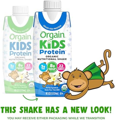 Orgain Organic Kids Protein Nutritional Shake, Vanilla - 8g of Protein, 22 Vitamins & Minerals, Fruits & Vegetables, Gluten Free, Soy Free, Non-GMO, 8.25 Oz, 12 Ct (Packaging May Vary)