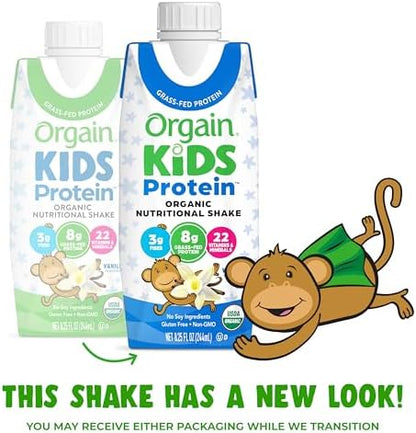 Orgain Organic Kids Protein Nutritional Shake, Vanilla - 8g of Protein, 22 Vitamins & Minerals, Fruits & Vegetables, Gluten Free, Soy Free, Non-GMO, 8.25 Oz, 12 Ct (Packaging May Vary)