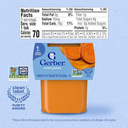 Gerber Stage 2 Baby Food, Sweet Potato Puree Tubs, No Added Salt, No Artificial Colors or Flavors, Baby Puree, 16-Pack