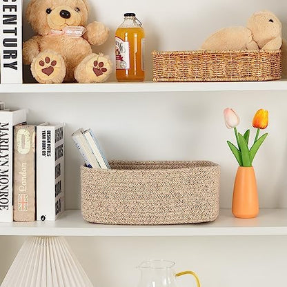Small Storage Baskets for Organizing | Closet Organizer Bins | Shelf Toy Basket | Woven Rope Baskets | Cube Decorative Box | Shallow Basket | 11.5x7.5x4.7” | 3 Packs Mixed Brown
