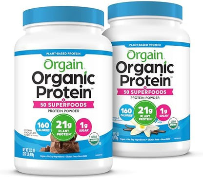 Orgain Organic Vegan Protein + 50 Superfoods Powder Bundle - Creamy Chocolate Fudge & Vanilla Bean, 21g Plant Based Protein, 2.02 lb Each