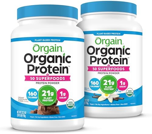Orgain Organic Vegan Protein + 50 Superfoods Powder Bundle - Creamy Chocolate Fudge & Vanilla Bean, 21g Plant Based Protein, 2.02 lb Each