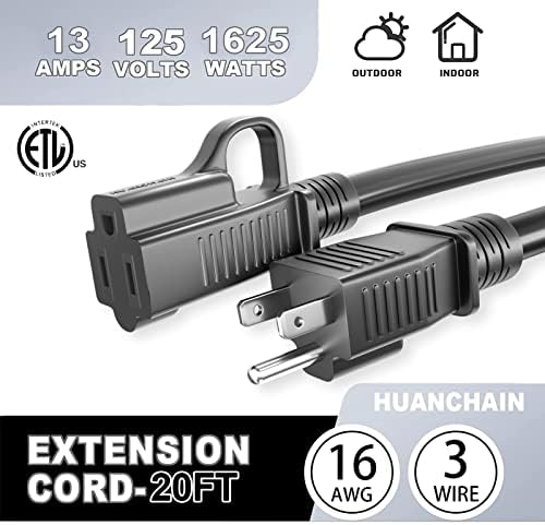 HUANCHAIN Indoor Outdoor Black Extension Cord 20 ft Waterproof, 16/3 Gauge Flexible Cold-Resistant Appliance Extension Cord Outside, 13A 1625W 16AWG SJTW, 3 Prong Heavy Duty Electric Cable, ETL