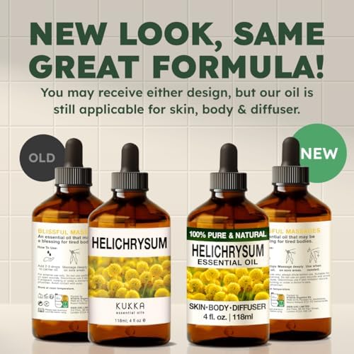 KUKKA Helichrysum Essential Oil for Skin, Relaxation - 100% Pure and Natural Undiluted Helichrysum Oil for Aromatherapy, Skin Care, Home Diffusers, Massage and Humidifiers - 4 fl oz, Non-GMO