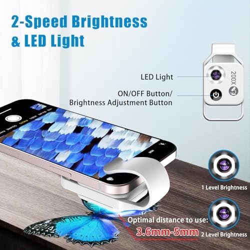 200X Phone Mini Pocket Microscope with LED Light/Universal Clip, Nano Zoom Portable Digital Microscope Camera Attachments for 99% Smartphone, Microworld for Kids Adults (White 200X with CPL)