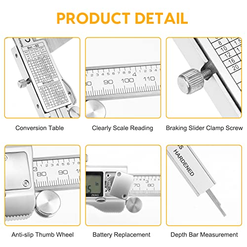 Digital Caliper, Sangabery 6 inch Stainless Steel Caliper Measuring Tool with Inch/Metric/Fractions Conversion and Large LCD Display, Perfect for DIY, Household and Professional Use