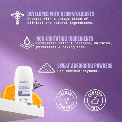 Carpe Underarm Antiperspirant and Deodorant, Clinical strength with Lavender Citrus scent, Combat excessive sweating Stay fresh and dry, Great for hyperhidrosis
