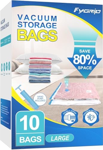10 Pack Large Vacuum Storage Bags with Hand Pump, Plastic Packaging Bags, 80% Space Saver Vacuum Seal Bags for Clothing, Travel Lugggage, Blankets, Comforters