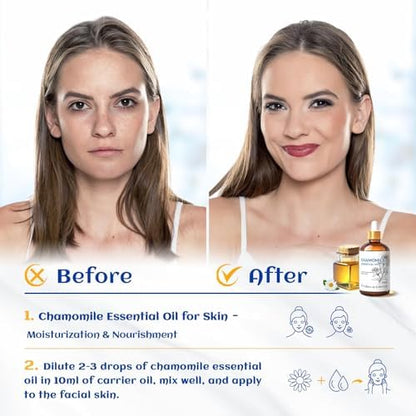 HIQILI 100ML Chamomile Essential Oil, Pure & Natural Chamomile Oil for Diffueser, Skin, Soap, Shampoo - 3.38 Fl Oz