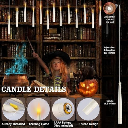 Floating Candles with Wand Remote, 20 Pcs Magic Halloween Hanging Candles, Flickering Warmer Light Flameless LED Candles with DIY Sticker, Battery Operated Halloween Decorations Gifts Indoor (20)
