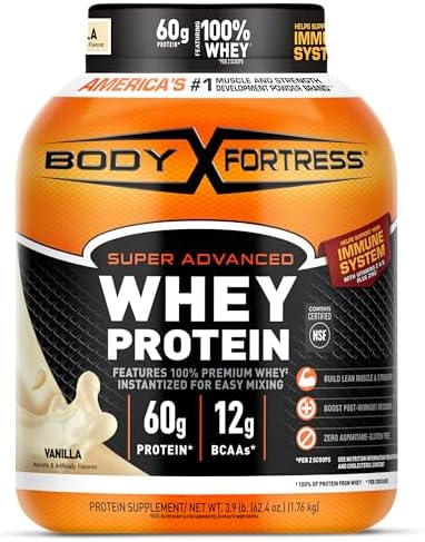 Body Fortress Super Advanced Whey Protein Powder, Vanilla, Immune Support (1), Vitamins C & D Plus Zinc, 3.9 lbs.