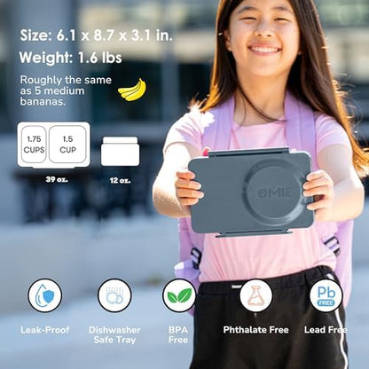 Omie OmieBox UP bento Box for Kids | Insulated Lunch Box | Leak Proof Vacuum Insulated Thermal Food jar | Cooler ice Pack | 2 Compartments (Graphite)