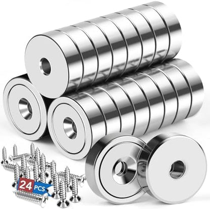 LOVIMAG 24Pcs Neodymium Cup Magnets, 20lbs Strong Rare Earth Magnets, Waterproof Pot Magnet with Countersunk and Screw Ideal for Tool Room,Science,Craft,Office - 0.63x0.19inch