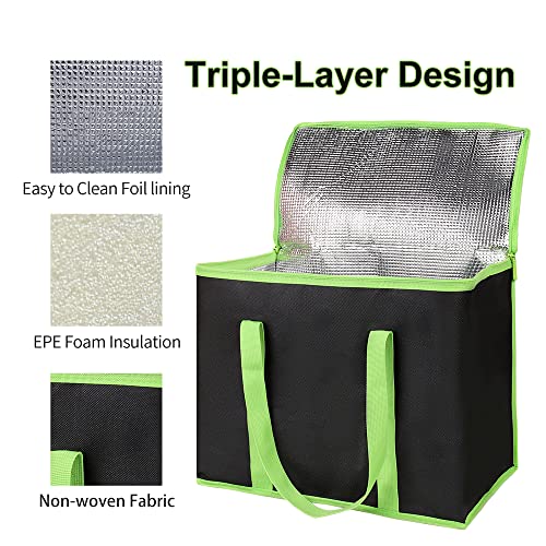 Bodaon 2-Pack Insulated Pizza Delivery Bags, X-Large Reusable Grocery Shopping Bags, Black with Green Edge