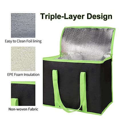 Bodaon 3-Pack Insulated Pizza Delivery Bags, X-Large Reusable Grocery Shopping Bags, Black with Green Edge