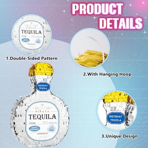 WERNNSAI Tequila Bottle Pinata - Disco Party Decorations for Adults Silver Patron Tequila Pinata with Blindfold for Bachelor Birthday Party Supplies 11.7” x 16.5”