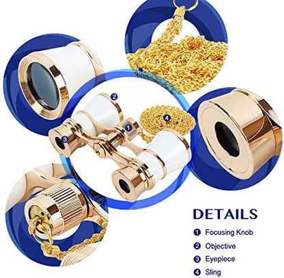Aomekie Opera Glasses Binoculars 3X25 Theater Glasses Mini Binocular Compact with Chain for Adults Women in Musical Concert (White)