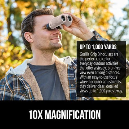GORILLA GRIP 10x25 Compact Binoculars for Adults with Strap, Superior High Powered Clear 10X Magnification, Lightweight, Bird Watching, Hunting, Stargazing, Adjustable Eye Cups, Khaki