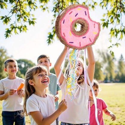 WERNNSAI Donut Piñata - Pink Donut Pinata with String Birthday Partyn Decorations Piñata with Stick Blindfold for Girls Kids Dount Pull String Pinata Family Games Birthday Party Supplies