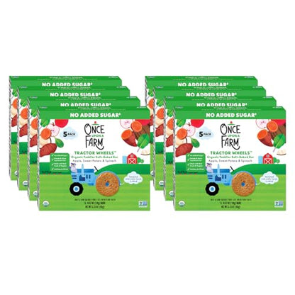 Once Upon a Farm | Organic Toddler Soft-Baked Bar Tractor Wheels | Apple, Sweet Potato & Spinach | Made with Real Fruit & Veggies | No Added Sugar | 8 Boxes