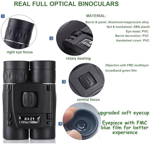 8x21 Compact Binoculars for Adults Teens, Mini Small Full Optical Binoculars for Bird Watching Opera Hiking Hunting Travel Concert (Black)