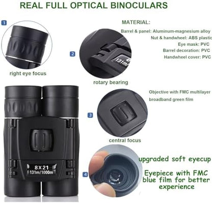 8x21 Compact Binoculars for Adults Teens, Mini Small Full Optical Binoculars for Bird Watching Opera Hiking Hunting Travel Concert (Black)