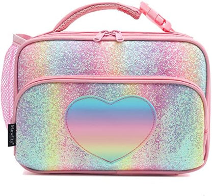 FlowFly Kids Lunch box Insulated Soft Bag Mini Cooler Back to School Thermal Meal Tote Kit for Girls, Boys,Glitter-RainBow