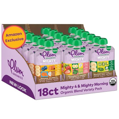 Plum Organics Stage 4 Variety Pack – Toddler’s Taste Adventure & Sunrise Pack – Mighty 4 & Mighty Morning Organic Fruit & Veggie Pouches – 4 oz Pouch, Pack of 18 (Amazon Exclusive)