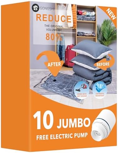 10 Jumbo Vacuum Storage Bags with Electric Pump,Plastic Packaging Bags, Space Saver Bag for Clothes, Mattress, Blanket, Duvets, Pillows, Comforters, Travel