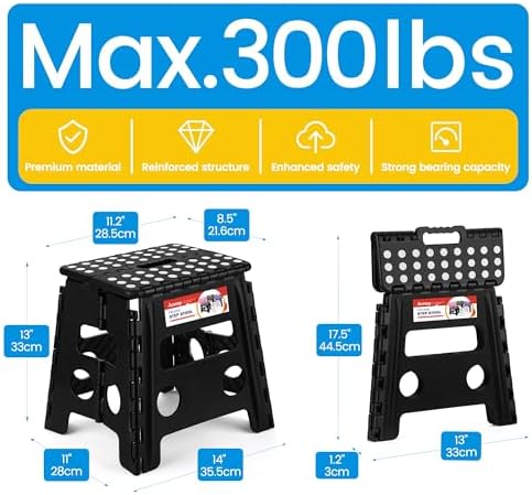 ACSTEP Folding Step Stool - 13 inch Height Premium Heavy Duty Foldable Stool for Adults, Kitchen Garden Bathroom Stepping Stool (1 Pack) Black