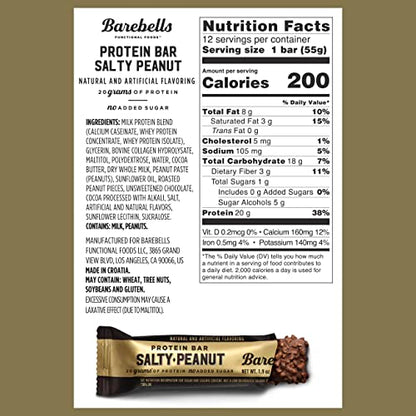 Barebells Protein Bars Salty Peanut - 12 Count, 20g High Protein Treats - Chocolate Nutrition Bar with 1g Total Sugars - On-The-Go Breakfast or Post-Workout Snack