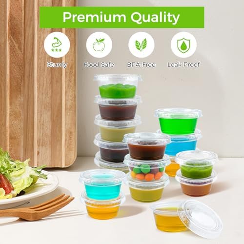 360 Set 2 oz Jello Shot Cups with Lids, Sturdy & Food Safe Disposable Plastic Portion Condiment Dipping Sauce Cups, Small Containers for Salad Dressing